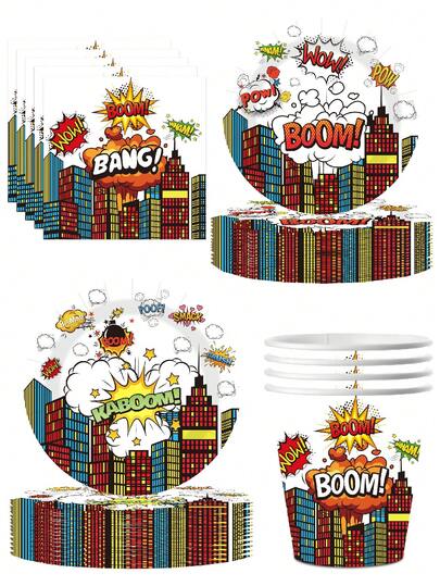 10pcs White Hero City Themed Birthday Party Decoration Disposable Paper Dinner Plates Paper Cups Paper Napkins Superhero Party Wedding Birthday Party Wedding Home Office Party Fine Crafts Fashion Matching Picnic