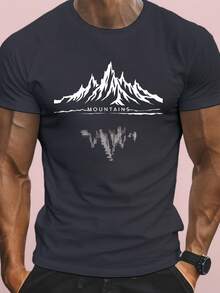 Men's Casual Stylized Mountain Print Short Sleeve T-Shirt, A Lightweight And Comfortable Top, Suitable For Summer Wear, Emo, 2000s Style - Dark Grey - View 5