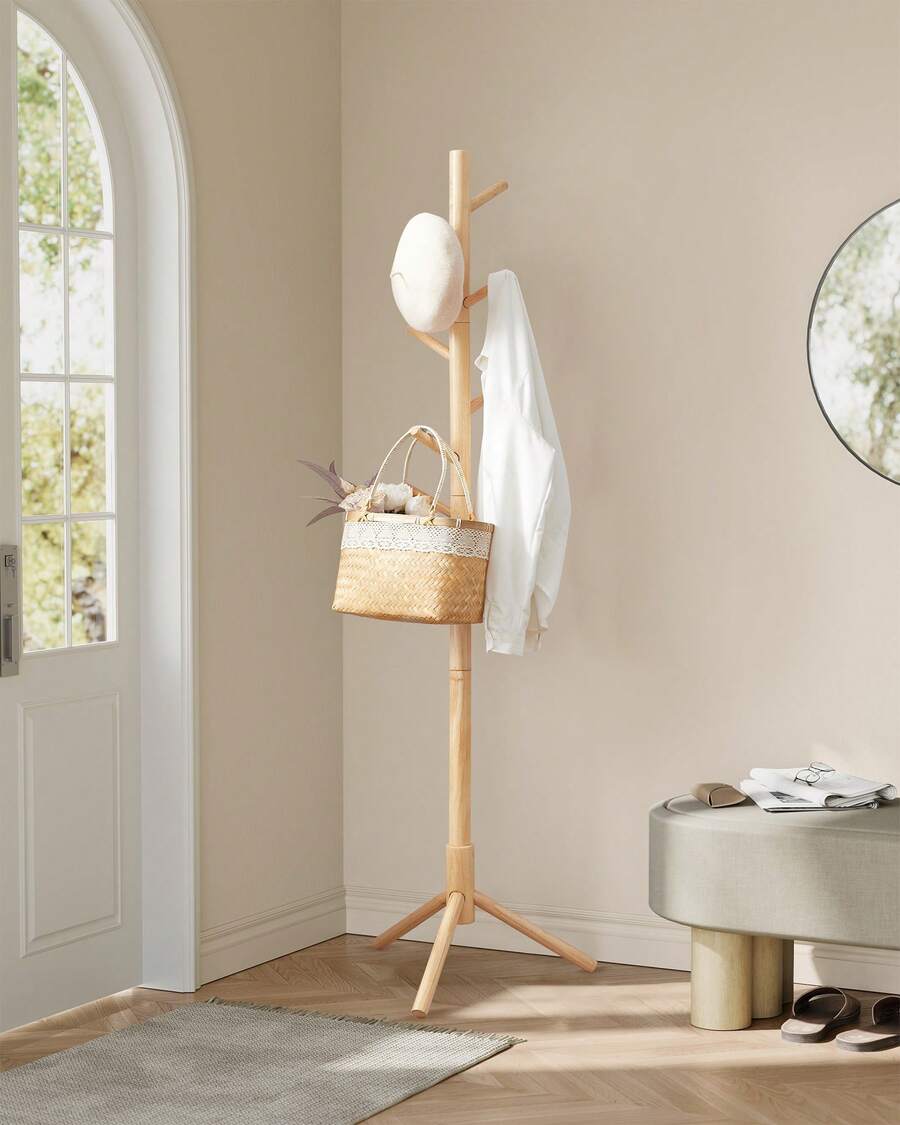 Attaccapanni da Terra, Appendiabiti in Legno a Forma di Albero, 8 Ganci, 3 Altezze, per Vestiti Cappelli Borse, Ingresso Camera da Letto Ufficio, Naturale, Regalo Natale - Naturale - Visualizzare 1
