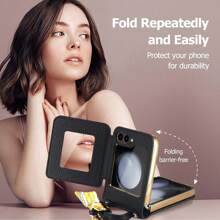 Leder Schutzhülle mit Gurt kompatibel mit Samsung Galaxy Z Flip 6/5/4, stoßfeste Ganzkörpercover mit gehärtetem Glas Bildschirmschutz und modischem Make-up Spiegel