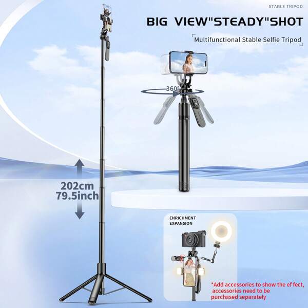 2m / 79-Inch Aluminum Alloy Extra Long Rod-- Balanced And Stable 360° Rotation Shooting Selfie Stick Tripod, Multifunctional Expansion Extendable Phone Tripod Stand With Wireless Remote Shutter For IPhone And Android Phone Selfies, Video Recording, Vlogging, Live Streaming, C08