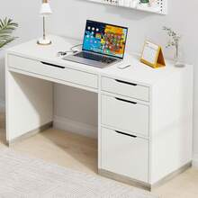 52" Computer Desk With 4 Drawers, Home Office Desk With Storage, Wood Desk With Filing Cabinet, Writing Study Desks For Small Space Bedroom, White/ Gray/ Brown - trắng - Xem 1