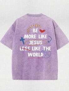 More Like Jesus Printed Retro Washed T-Shirt, 230G, Cross Retro Street Style. Simple And Versatile, Pure Cotton Is Of High Quality, Novel And Fashionable, And It Is A Must-Have Fashion T-Shirt For Spring And Summer. - 紫色 - 查看 2