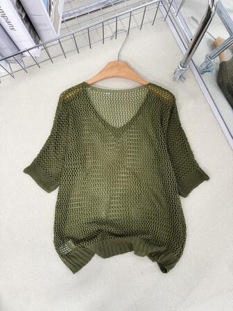 【上衣】时尚V领镂空宽松针织衫，别致精致的款式，百搭女士上衣，欧美风