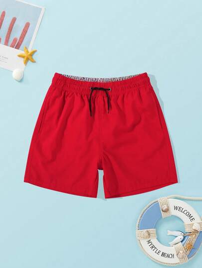 Boy Solid Color Drawstring Waist Swim Trunks