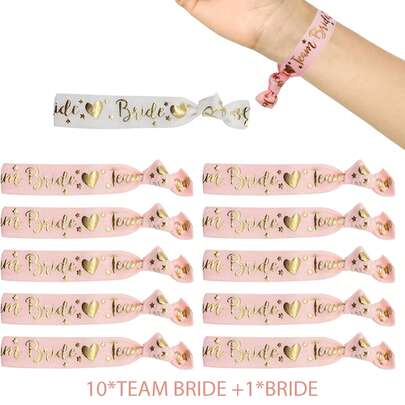 11 PZAS Muñequeras de tribu de la novia, pulseras, coleteros de tribu de la novia, suministros de color rosa y blanco para decoraciones y fiestas