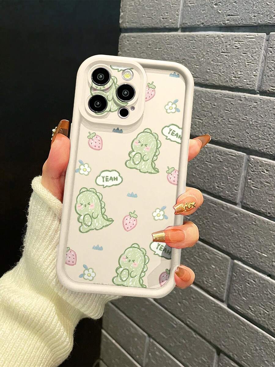 1 件超可爱绿色恐龙图案米色沙纹加厚防震手机壳，适用于 Apple///Redmi/Infinix/Vivo 防水防摔防刮 - 米色 - 查看 1