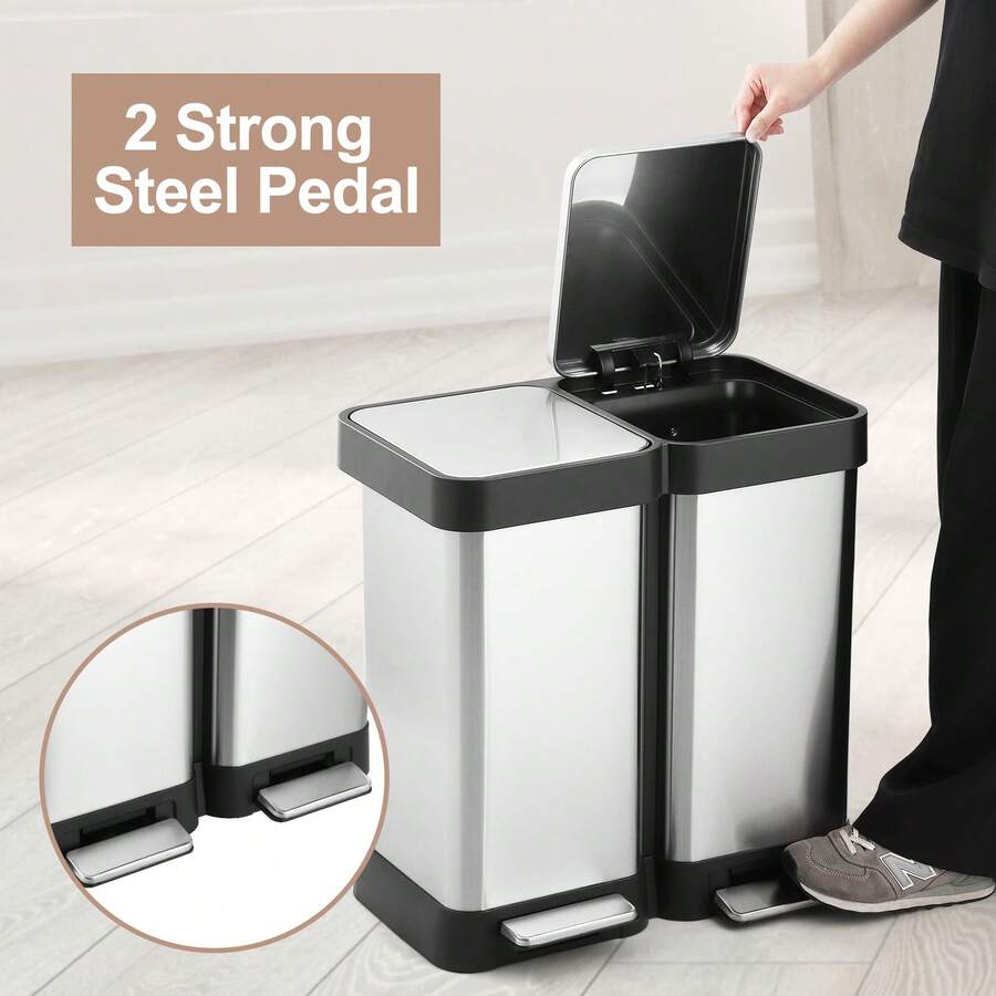 Papelera de cocina con 2 compartimentos, papelera con tapa, cubo de pedal de 20L con cierre suave de acero inoxidable, papelera ligera, reciclaje combinado con pedales, color plata [20L+20L] - Plateado - Ver 1