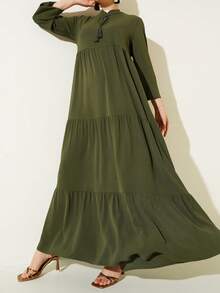 Women's Solid Color Ruffle Tie Neck Lantern Sleeve Elegant Dress - Green - View 2