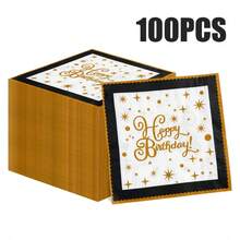 100/60/20 件 13 * 13 英寸一次性生日主题派对餐巾，带黑色边框和金色生日快乐星点图案，用于生日派对、家庭聚会、朋友聚会、情侣生日庆祝、酒店和餐厅装饰餐巾 - 黑色 - 查看 13