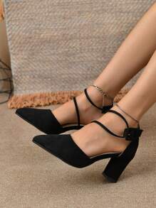 Women's Black Thick Heel Sandals With Strap Design, Summer New Pointed Toe Criss-Cross Medium Heel Pumps