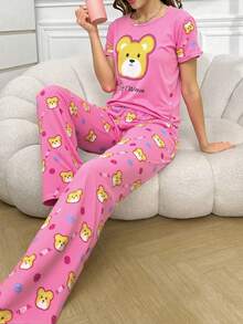 Set de pijama 3 piezas para mujer con pantalón largo, short y blusa crop, estampados variados, ropa ligera para dormir o casa, ideal para verano - Rosa Fucsia - Ver 6