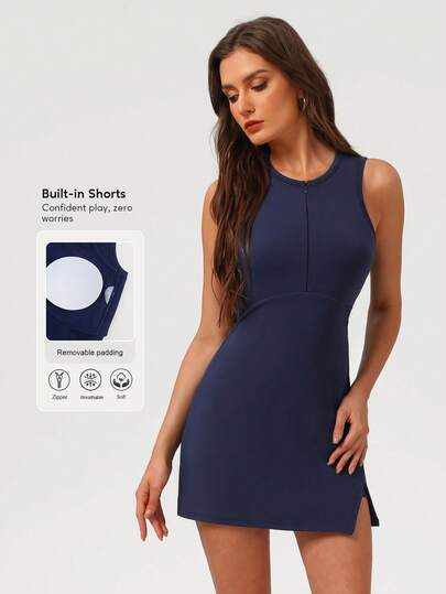 Sodalemon 女士半拉链无袖圆领加厚户外休闲运动网球裙