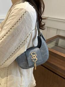 1pc Women's Solid Color Crescent Embroidery Fashion Crossbody Bag, Magnetic Closure - Blue - View 3