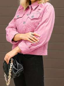 Classic Denim Jacket – Razor Cut-Outs & Vintage Wash | Edgy Button-Up Style - Dusty Pink - View 6