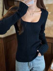 纯色 V 领长袖修身休闲女式毛衣，春/秋 - 藏蓝色 - 查看 4