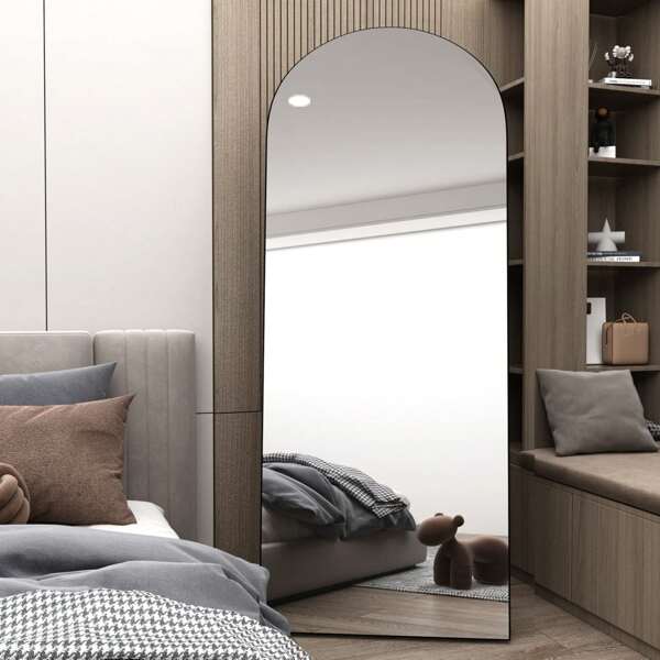 Arched Full Length Mirror 162CM*53CM, Floor Standing Mirror, Unique Vertical Mirror, Black Metal Frame Mirror, For Living Room, Bedroom, Entrance, And Bathroom Home Decor Back To School Room Decor School Supplies