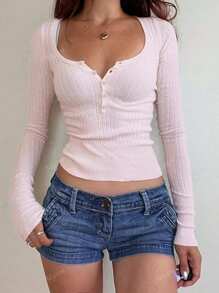 Women Casual Button Up Ribbed Slim Fit Long Sleeve Sweater , T-Shirt Suitable For Summer And Autumn/Winter Seasons