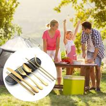 Edelstahl-Geschirr-Set, tragbares Strohhalm-Essstäbchen-Löffel-Gabel-Set mit Aufbewahrungstasche, Geschirr-Set