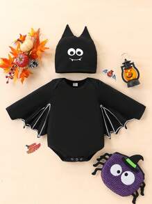 2pcs/Set Halloween Baby Costume, Black Bat Long Sleeve Romper And Bat Hat
