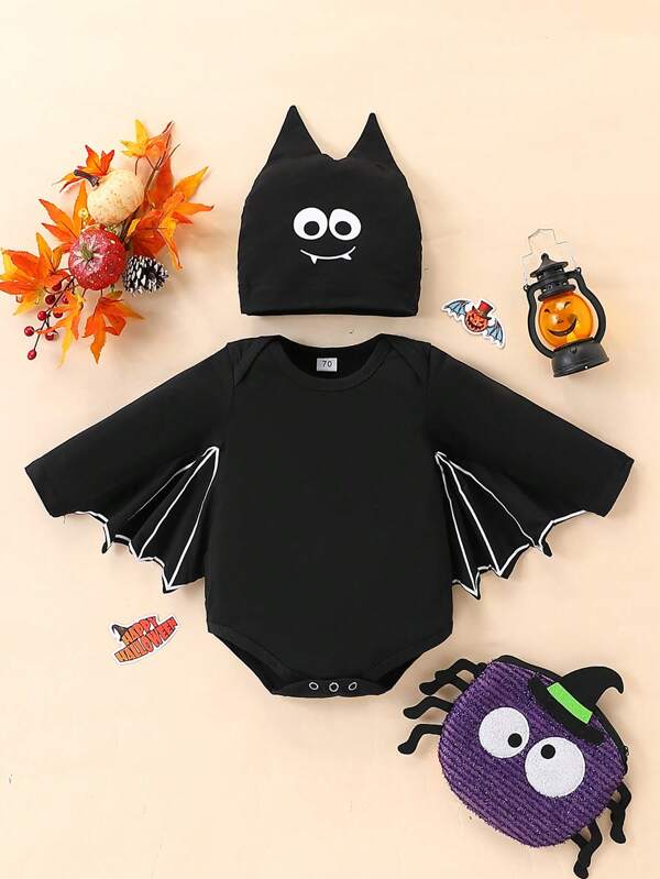 2pcs/Set Halloween Baby Costume, Black Bat Long Sleeve Romper And Bat Hat