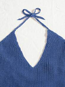 Women's Sexy Backless Knit Halter Crop Top And Bodycon Mini Dress, Cooling And Alluring Summer Outfit - Blue - View 7