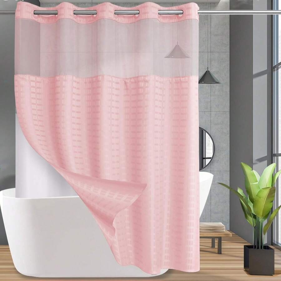 Wide Hotel Fabric Shower Curtain With Snap In Liner 108" X 74" For Bathroom Machine Washable Waterproof Repellent Shower Curtain (White 108" (W) X 74"(H)) - 格紋粉紅色 - 查看 1