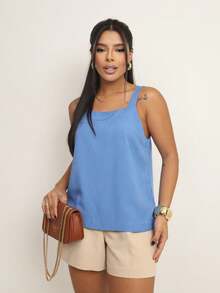 Elegant Viscose Wide Strap Tank Top - Blue - View 4