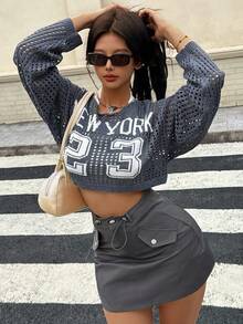 Summer Alphanumeric Hollow Crochet Short Y2K Hot Girl Long Sleeved Vacation Rave Outfits - Grey - View 5