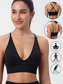 Women Solid Color Sexy Deep V Criss-Cross Back Casual Bra For Yoga Fitness