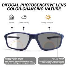 1 Stück lässige photochromatische Lesebrille mit Bifokallinse, mit doppelt verwendbarer Linse, die sich drinnen/draußen einfärbt, bequemer Wechsel zum Lesen, ausgestattet mit rutschfesten Bügeln, eine stilvolle & sportliche photochromatische Bifokalbrille
