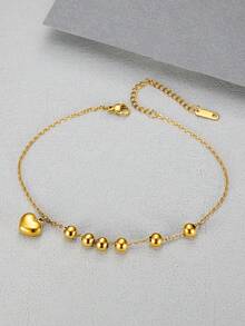 MONALLY 18K Gold Plated Fashionable Ball Chain Heart Anklet, Stainless Steel Jewelry For Women, Suitable For Summer Vacation, Travel, Beach, Party, Birthday Gift, Non-Fading - Yellow Gold - View 2