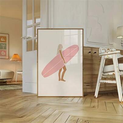 1 pieza Impresión artística tipo Boho de chica surfista - Decoración de surf con inspiración vintage con silueta de tabla de surf rosa, arte de pared minimalista de temática costera para el hogar, dormitorio, sala de estar, oficina en casa o baño, póster de lienzo, opción de marco con temática de playa
