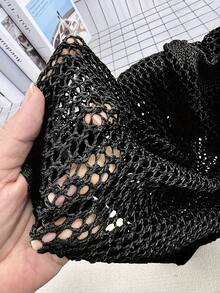 [Tops] Elegante suéter de punto holgado con cuello en V de unicolor, diseño calado, manga corta, estilo europeo y americano, para mujer, elemento versátil - Negro - Ver 5