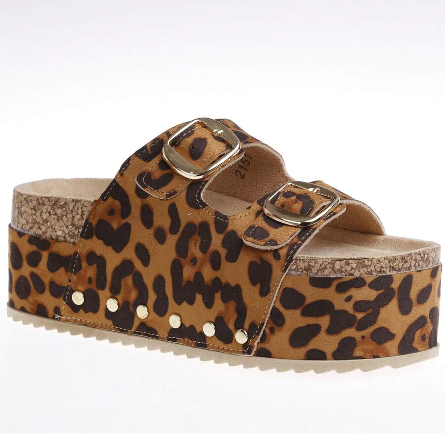 Sandales plates en liège avec double boucle réglable et ornées de clous sur les côtés, pour femmes - Chaussures d'été casual faciles à enfiler - Imprimé Léopard - Voir 1