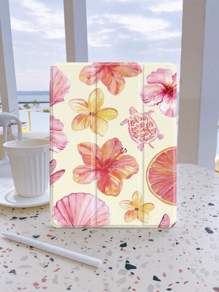 热带海洋芙蓉花海洋元素拼贴图案保护壳适用于 iPad Air4/5 10.9 英寸、iPad 7/8/9/10.2 英寸、iPad 第 10 代，兼容 Kindle Paperwhite 第 12 代 2024、Kindle（第 11 代）2022 年发布，保护壳具有自动睡眠/唤醒功能