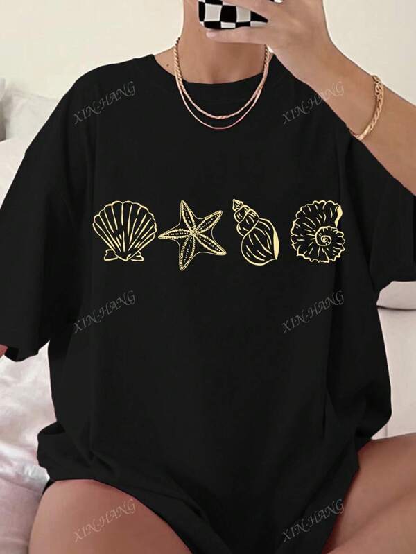 Plus-size dames T-shirt met schelpen- en zeesterrenprint, casual vakantie, zomer