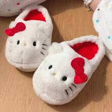 Sanrio زوج واحد من الأحذية المنزلية الكرتونية كيتي الناعمة، من قماش الفلانيل الناعم مبطن، قاعدة مانعة للانزلاق من مادة TPR، دافئة ومريحة، هدية عيد ميلاد جميلة، هدية عيد الحب الرومانسية.