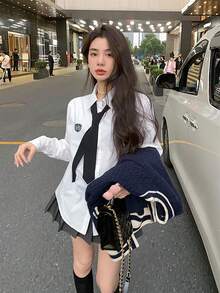 Camisa blanca suelta y versátil con estilo universitario distinguido y corbata, nueva blusa de manga larga para primavera/verano para mujer - Blanco - Ver 2