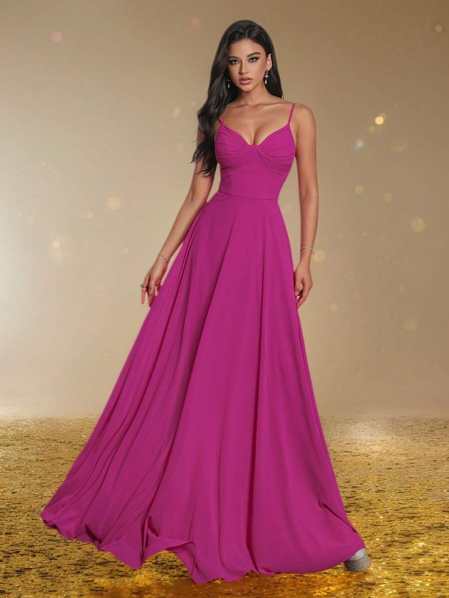Smilprince Vestido largo de línea A con tirantes finos color fucsia, vestido de dama de honor sencillo, vestido formal elegante de largo maxi, vestido de graduación y fiesta para mujeres, atuendo de graduación - Rosa Fucsia - Ver 1