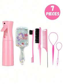 Set di 7 pezzi/6 pezzi/1 pezzo di pettini e flaconi spray, pettine in plastica antstatica con stampa a torre di cartone animato, ago per capelli portatile, flacone spray ad alta pressione, adatto per bambini e ragazze, capelli normali, manico in ABS, design quadrato carino, set di strumenti per parrucchieri