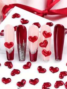30pcs Heart Shaped 3D Nail Decorations, Cherry Red Rhinestone, Transparent Nail Jewelry, Odorless, DIY Finger Decors, Valentine"S Day Nail Accessories