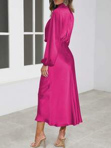Satin High Neck Pleated Asymmetrical Elegant Evening Dress, Suitable For Wedding Party, Bridesmaids - Hot Pink - View 3