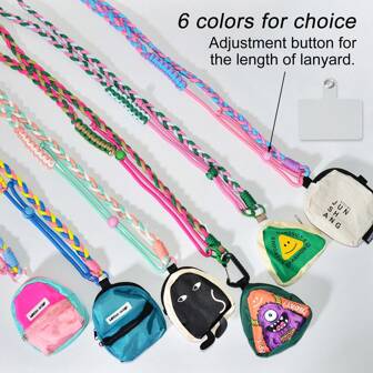 2pcs Mobile Phone Long Crossbody Adjustable Lanyard With Mini Coin Bag Pendant, Hand-Woven Contrast Color Dopamine Unisex Rope, Cute Personalized Key Earphone Storage Bag, Outdoor Travel Anti-Lost Durable And Strong Strap