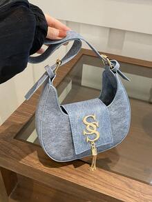 1pc Women's Solid Color Crescent Embroidery Fashion Crossbody Bag, Magnetic Closure - Blue - View 9