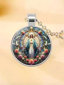 suteyi Thánh thiện và thanh lịch, Dây chuyền mặt dây chuyền hình Đức Mẹ và Chúa Jesus theo phong cách Pháp với đá quý Time Glass Alloy, Thích hợp để mặc hàng ngày hoặc làm quà tặng - Bạc - Xem 7