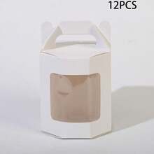 12pcs Gift Box, Octagonal Paper Boxes With Handles And Transparent PET Window, Matte White Suitable For Party, Birthday, Wedding, Christmas, Holiday Gifts Packaging - White - View 9