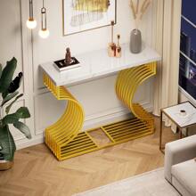 100*30*80cm moderner schlichter weißer Hochglanz-Couchtisch, kleiner Beistelltisch für das Wohnzimmer, Konsolentisch, goldener Fuß, zwei Aufstellmöglichkeiten