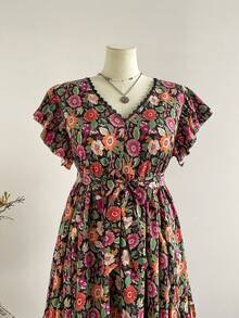 Rusttydustty Đầm Maxi Hoa Màu Đen Cỡ Lớn Cổ Chữ V Tay Ngắn Buộc Eo In Hoa Nhiều Màu Đầm Dài Cho Hàng Ngày & Kỳ Nghỉ Đầm Họa Tiết Hoa Boho - màu đen - Xem 4