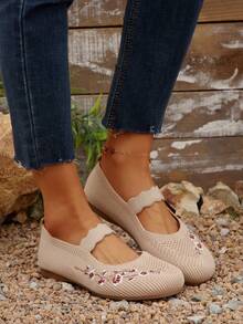 女士手工小碎花刺绣一脚蹬软底休闲步行鞋，纯色低帮透气日常鞋，轻便软底小碎花刺绣鞋 - 米色 - 查看 6